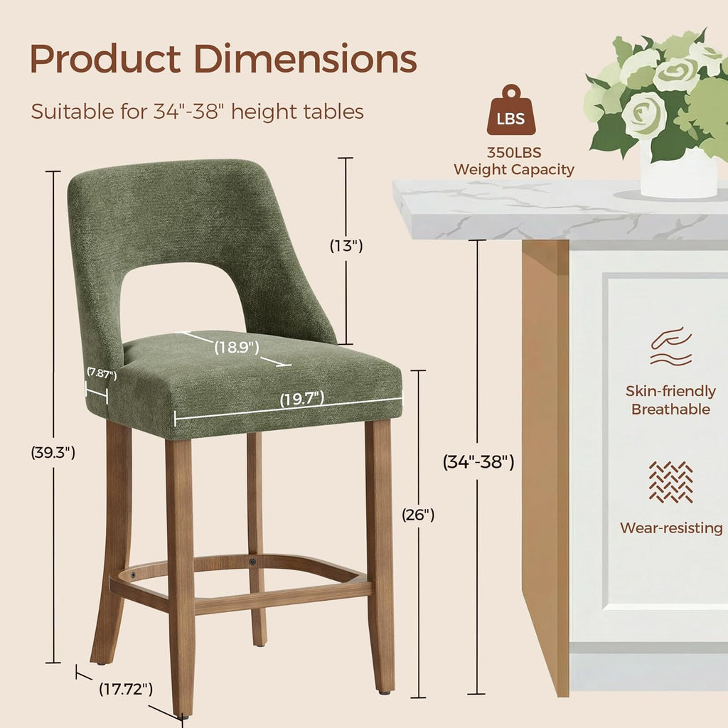 Bar Stools Set of 4, Upholstered Counter Height Bar Stools, Modern Counter Stools with Wood Legs Island Dining Room