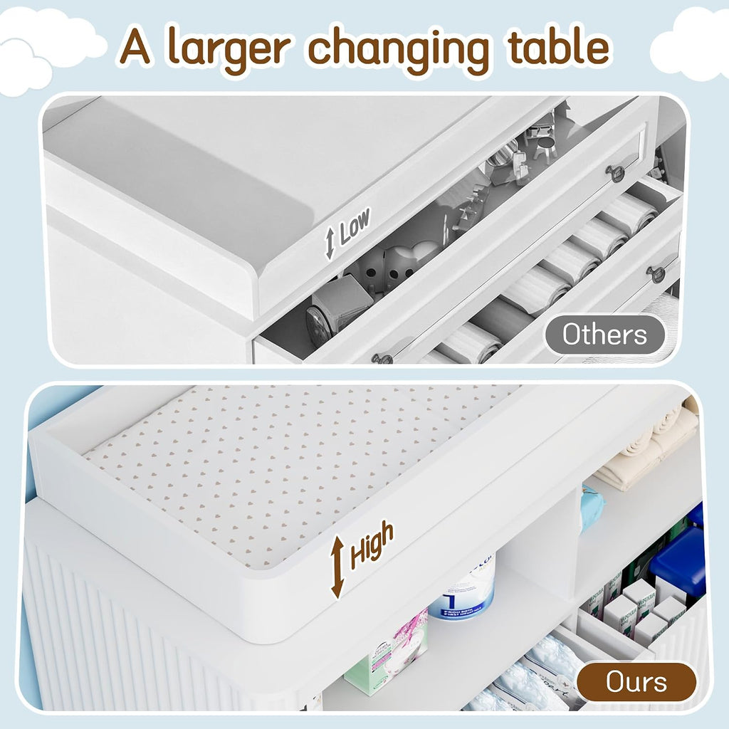 Nursery Dresser, 4 Large Drawers Wood Baby Changing Dresser with Raised and Detachable Changing Table Top, Fluted