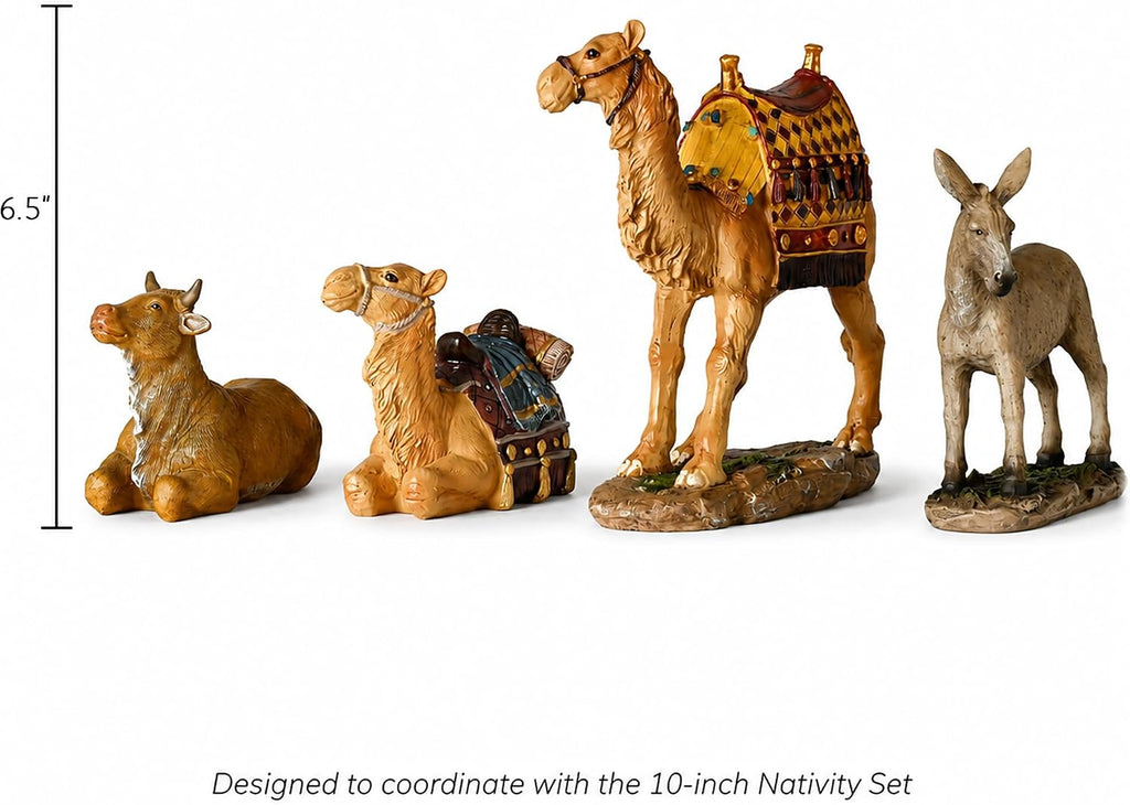 Kings Gifts Nativity Animals Set, 4-Piece Polystone Standing and Sitting Camels, Donkey, and Ox Figures, Flat Bottom
