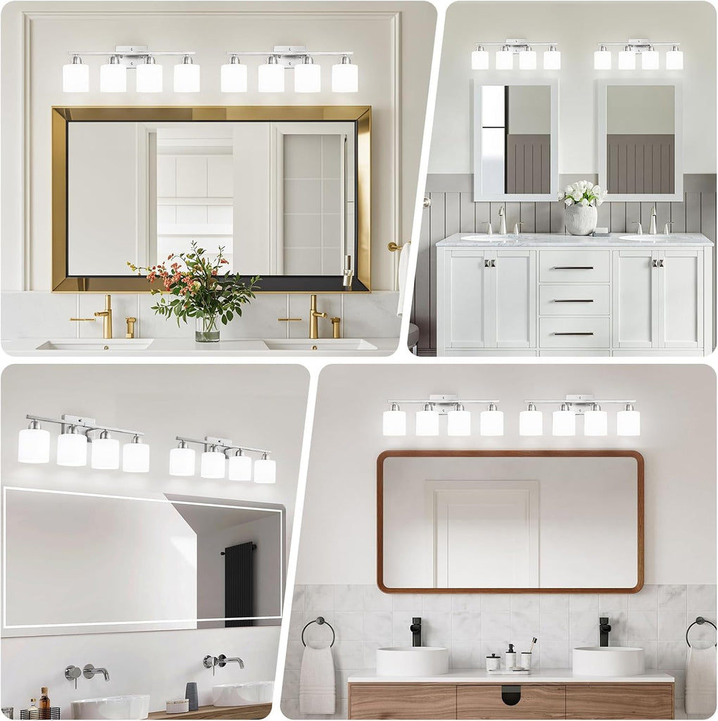 4 Light Bathroom Light Fixtures, Anti-Rust Finish Brushed Nickel Vanity Lights with Milky White Frosted Glass Shade