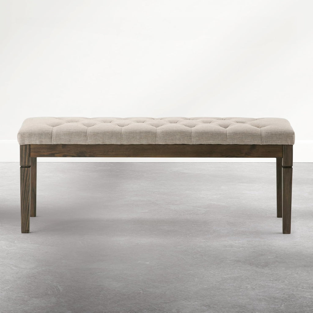 Waverly Tufted Ottoman Bench - 48 inch Wide Upholstered Linen Look Fabric Rectangle Footstool Ottoman in Wheat Beige