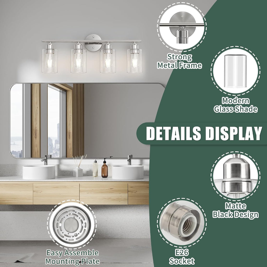 Bathroom Vanity Light Fixtures Brushed Nickel,4 Lights Rustic Farmhouse Vanity Bar Lighting Over Mirror Modern