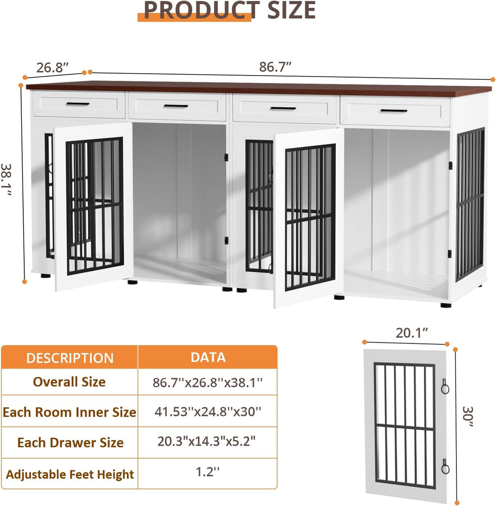 86.7 in Dog Crate Furniture for 2 Dogs, Extra Large Double Dog Cage Furniture TV Stand with Removable Divider