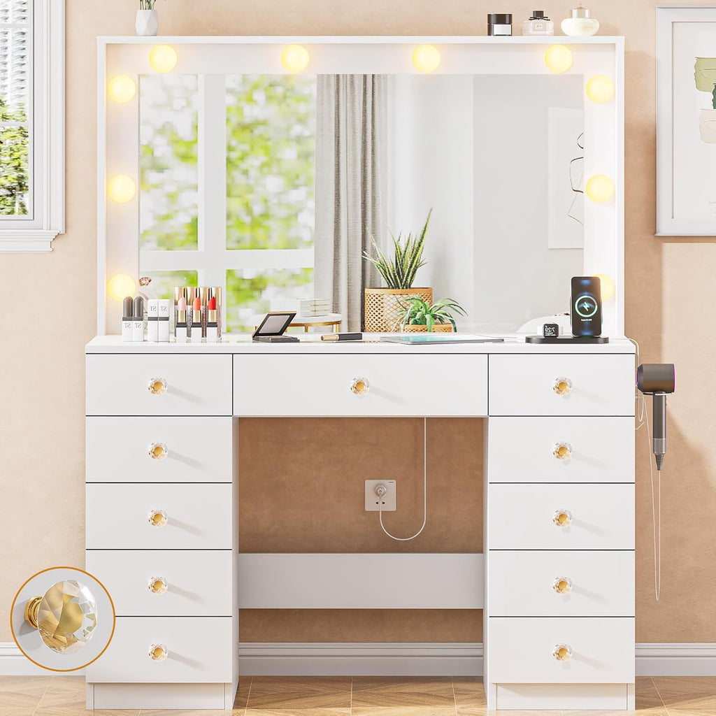 Vanity with Large Mirror and 10 LED Lights, Vanity Desk with Glasstop, 11 Drawers with Crystal Handles, Dressing