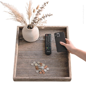 Farmhouse Rustic Weathered Reclaimed Wood 24 x 24 Inch Square Ottoman Tray for Coffee Table or Kitchen Counter Decor