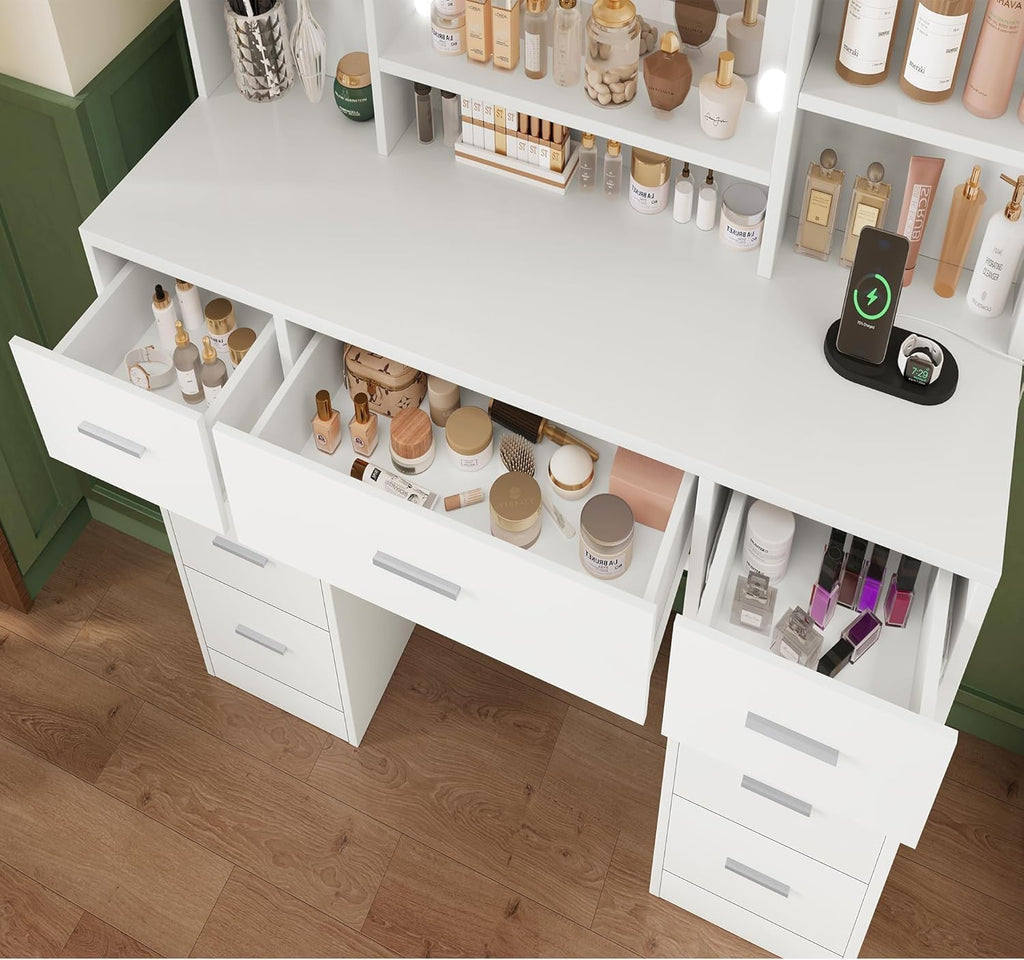 Vanity Desk with Mirror and Lights, Power Outlet, Makeup Vanity with 9 Drawers & 6 Open Storage Shelves, 3 Lighting
