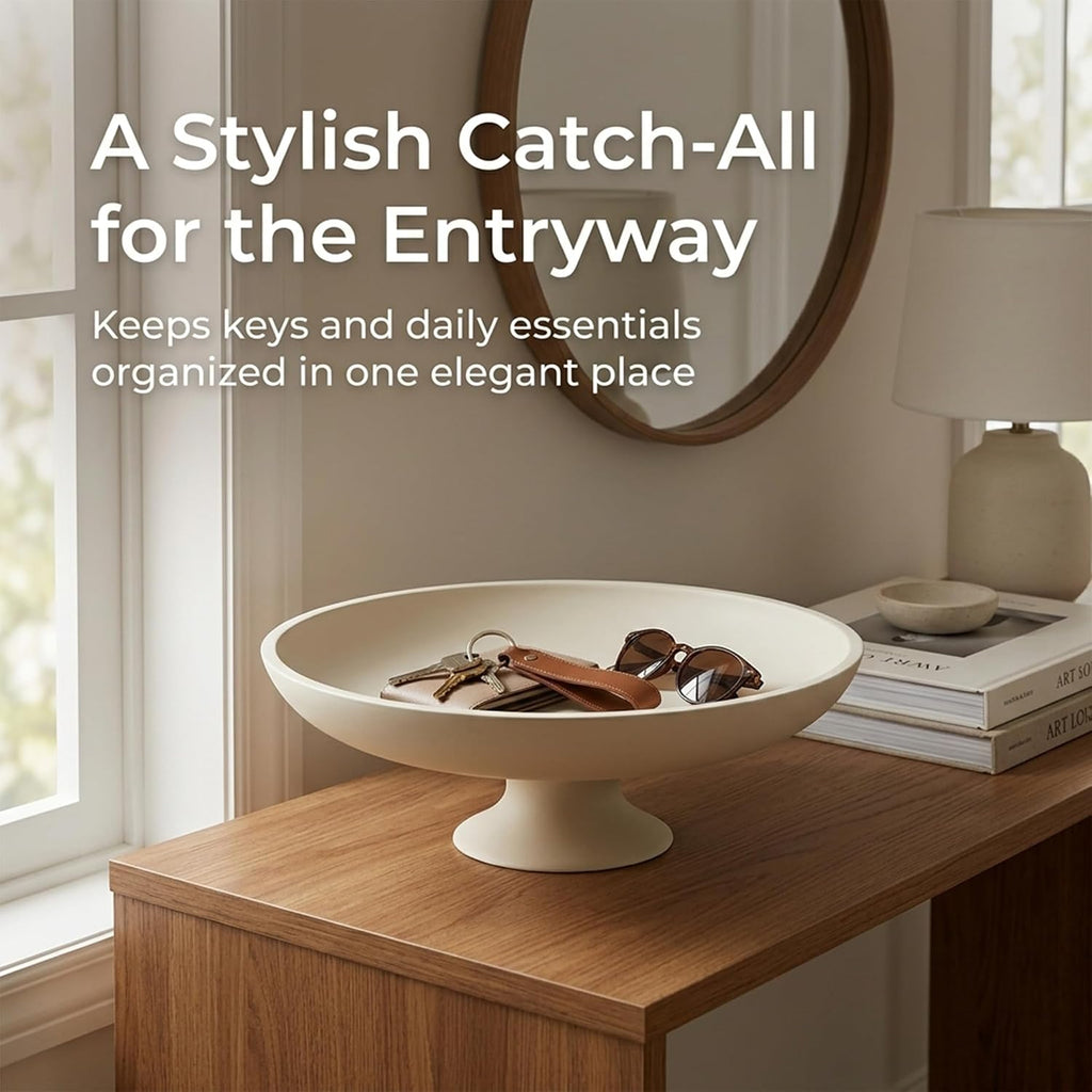 Cream Concrete Decorative Fruit Bowl, 11.45" Large Modern Pedestal Bowl Counter, Coffee Table, Entryway Table