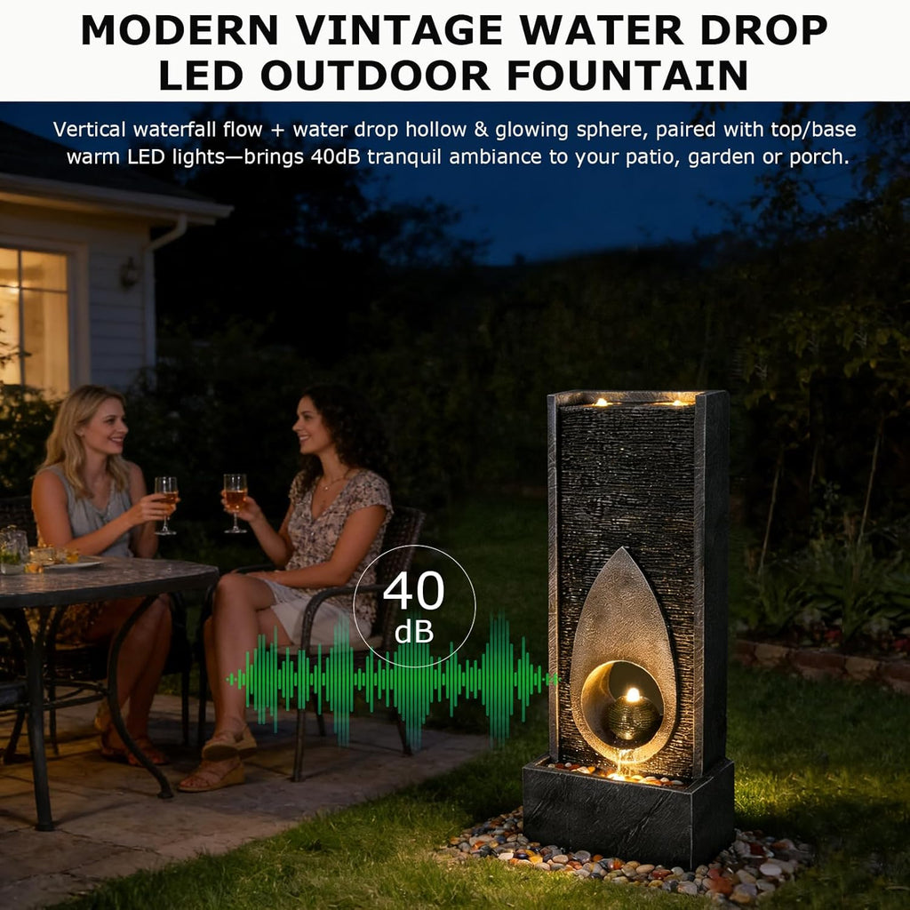 46.5’’Tall Modern Water Fountain Indoor Outdoor Waterfall Feature Floor Standing with Sphere and LED Lights