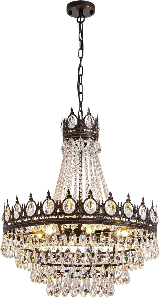 Large Crystal Chandeliers, Vintage French Empire Chandelier, Antique Bronze Crystal Pendant Light, Rustic Farmhouse Ceiling Light for Dining Room Bedroom Living Room Kitchen Foyer, W 24"