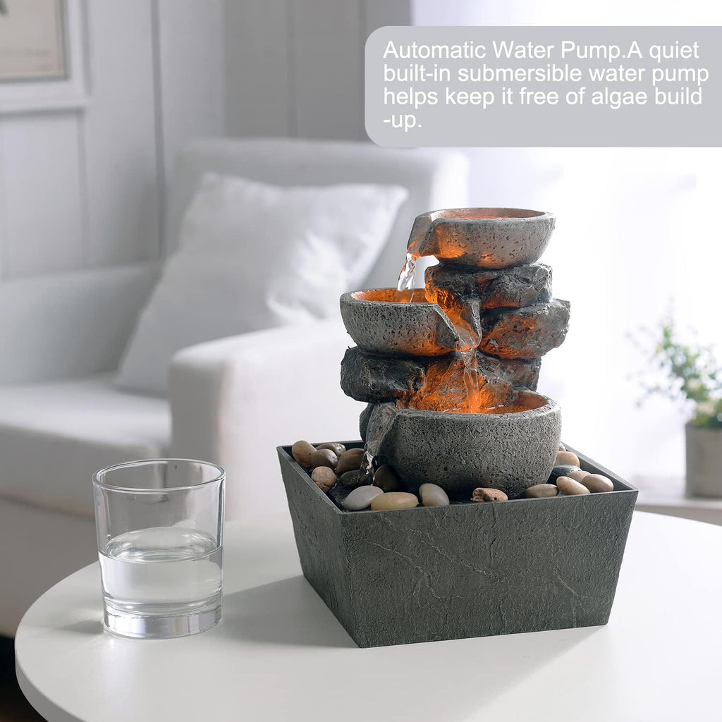 Decorative Indoor Fountain 3-Bowl Rockery Soothing Sound Tabletop Fountains Decor with Led Light/Some