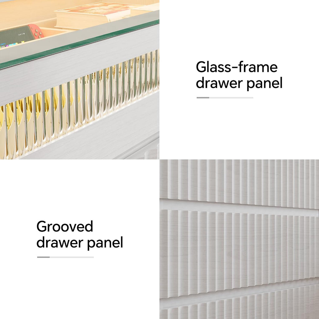 Fluted 8 Drawer Dresser,with LED Lights,Tempered Glass Panel,Drawer Dresser,Hidden Handles.Compartmentalized Storage