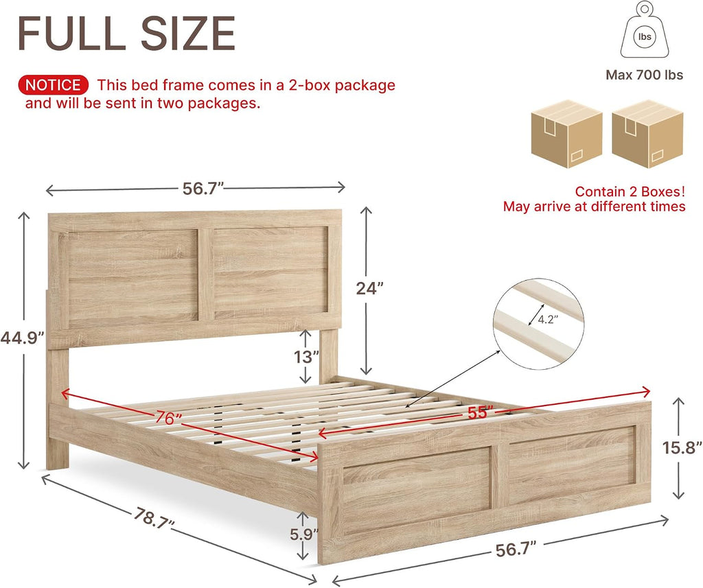 Wood Bed Frame with Headboard and Footboard, Wooden Platform Mattress Foundation with Silent Slat Support Noise-Free