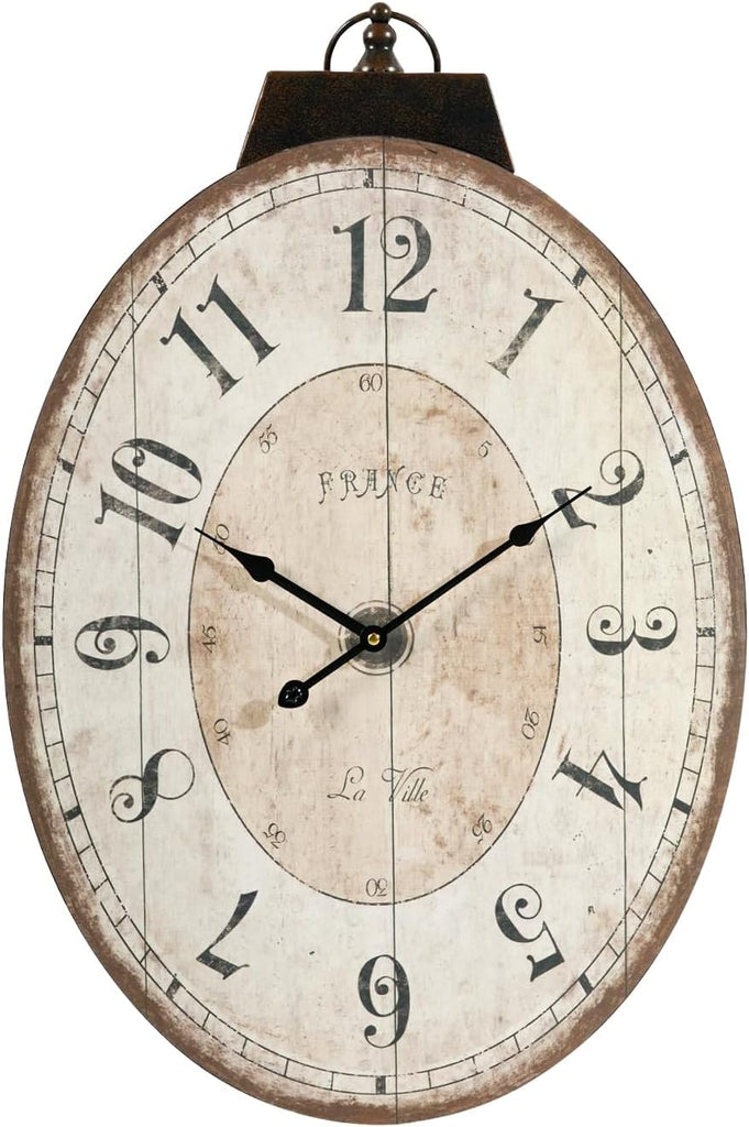 HOME Large French Country Oval Wall Clock for Living Room Decor, Rustic Farmhouse Wall Clock Decorative