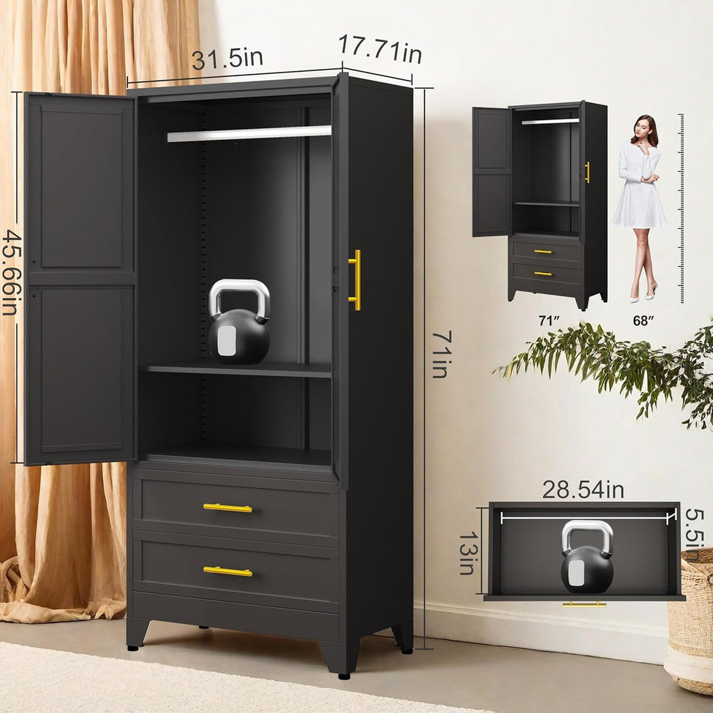 Metal Wardrobe Cabinet with 2 Drawers, 71" Clothing Storage Cabinets | with 2 Doors, 1 Adjustable Shelf, Steel
