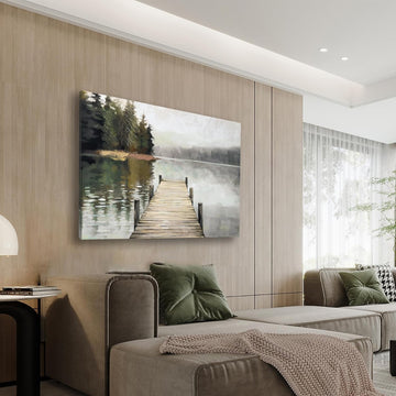 Nature Landscape Large Wall Art Canvas Picture,Horizontal Dock Forest Artwork Decor,Modern Hand Painted Textured Lake