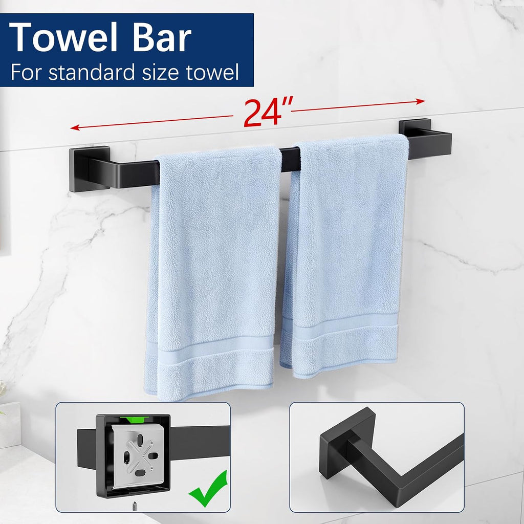 5-Piece Bathroom Accessories Set, 24-in Towel Racks Wall Mounted Stainless Steel, Towel Hardware Set Matte Black