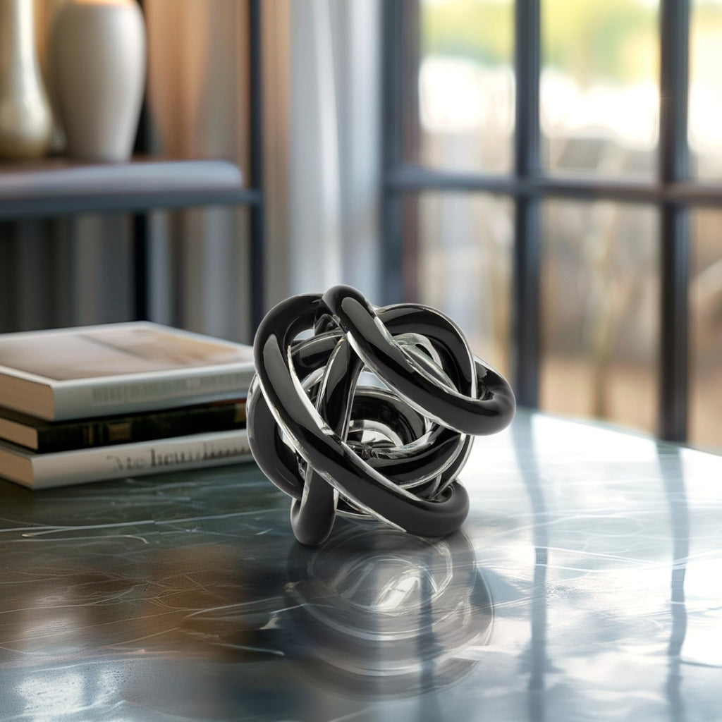 Orbit Hand Blown Glass Infinity Knot Sculpture - 3 Inch Glass Art Black Knot Decor Ball Decor, Small Centerpiece
