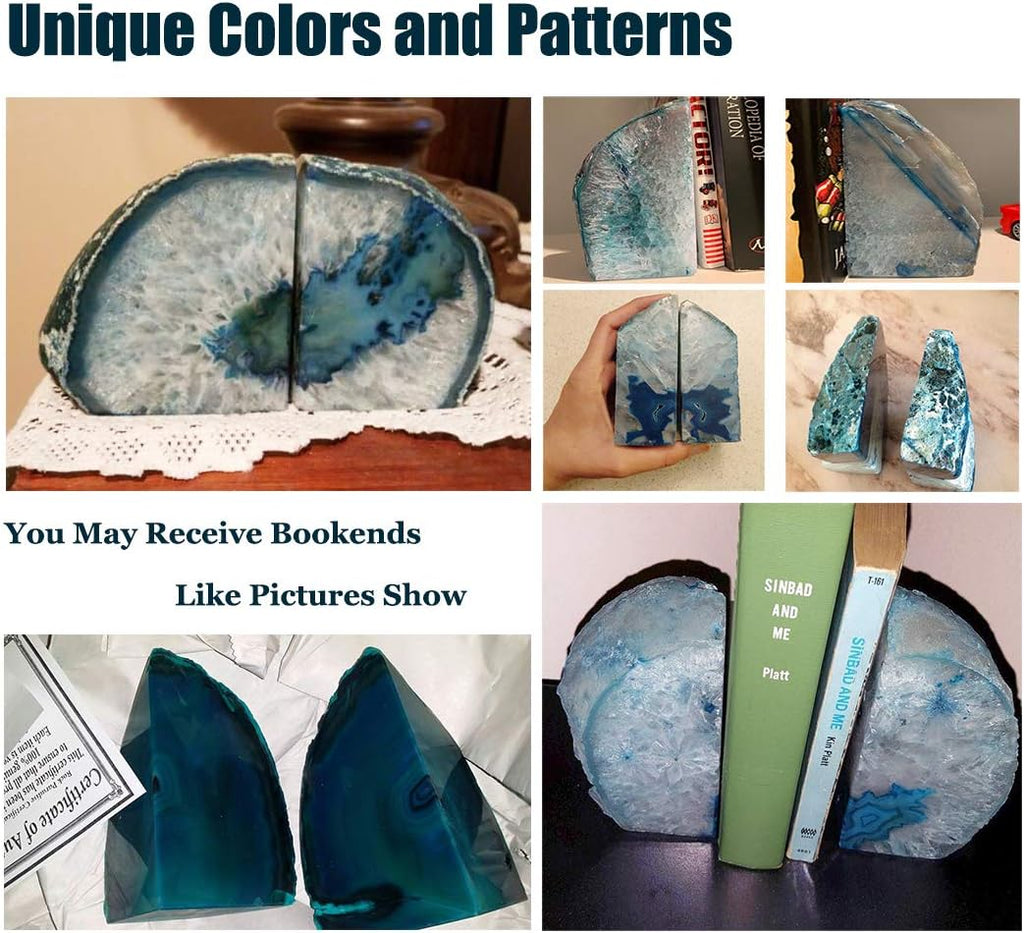 Agate Bookends Geode Book Ends Heavy Duty Bookend Holder Decor with Rubber Bumpers 1 Pair Teal 2-3 lbs and 1