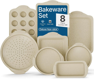 Deluxe 8-Piece Carbon Steel Bakeware Set - Nonstick White Marble Coating, Silicone Handles - Professional Quality