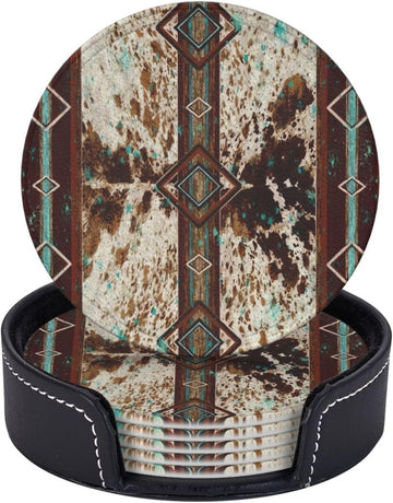 Cowhide Print Western Leather Coasters for Drinks with Holder Coaster Sets Drink Table Cup Coasters Kitchen - Set of 6