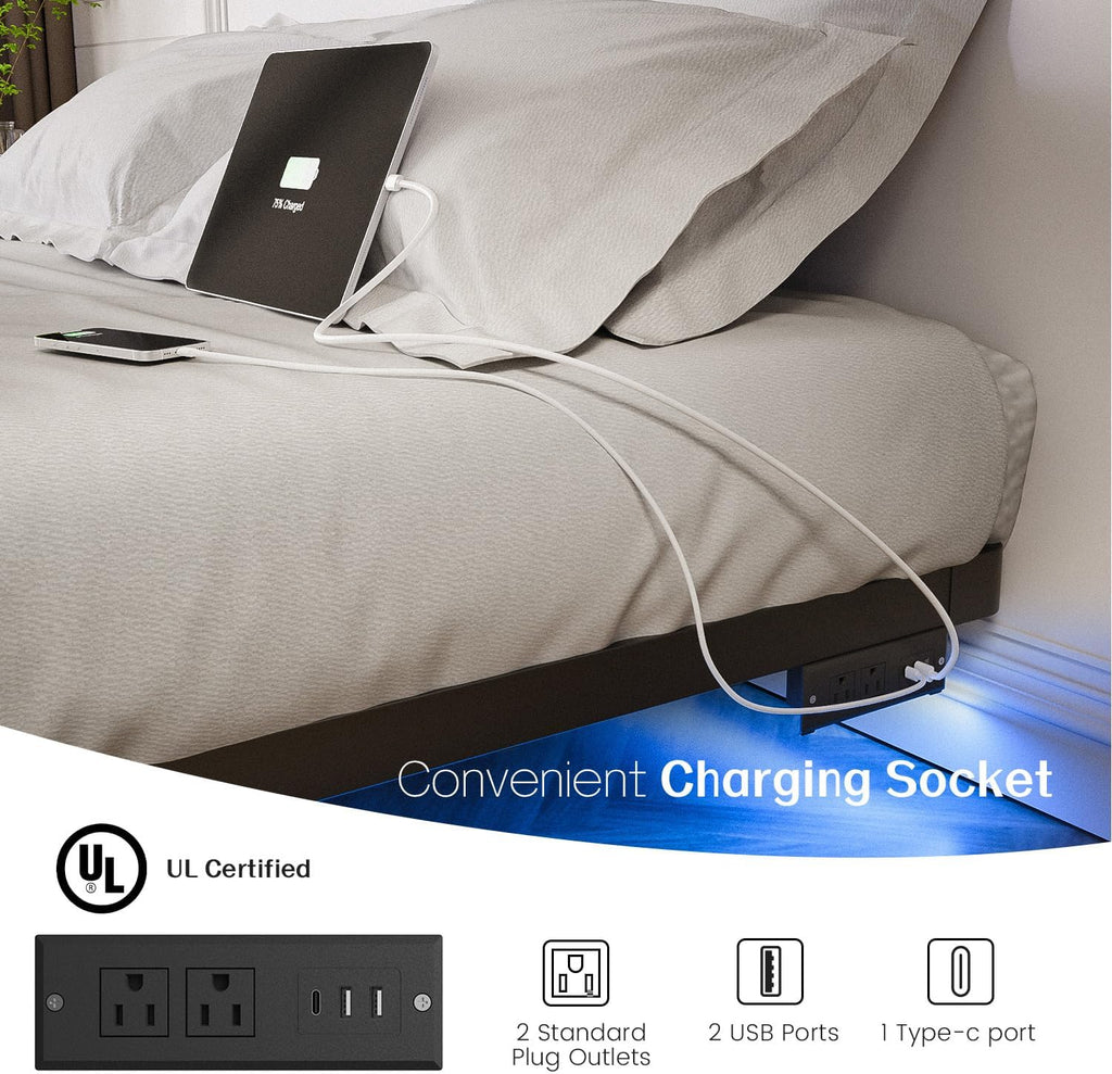 Floating Bed Frame Full with Smart LED Lights and Charging Station