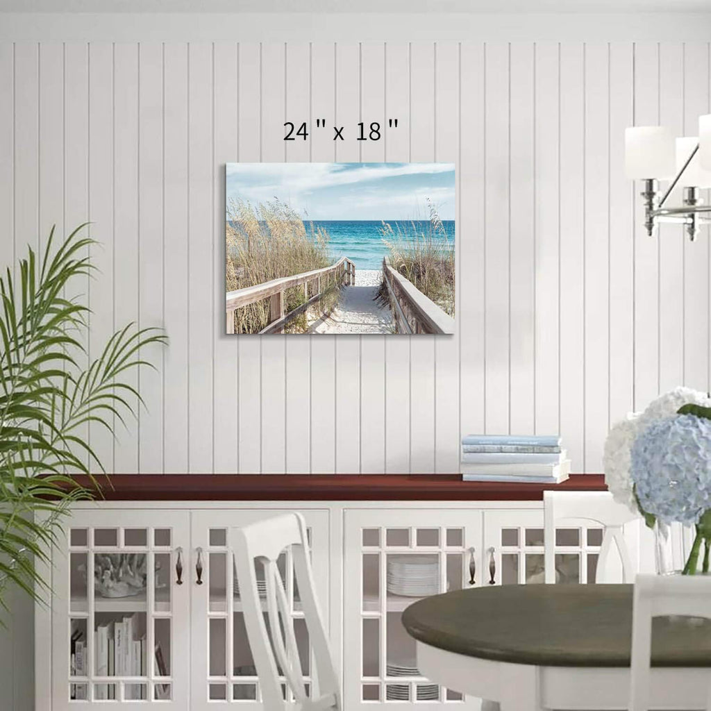 Beach Artwork Seascape Wall Art: Seaside Painting Fence Pathway Picture Print on Wrapped Canvas (24''W x 18''H