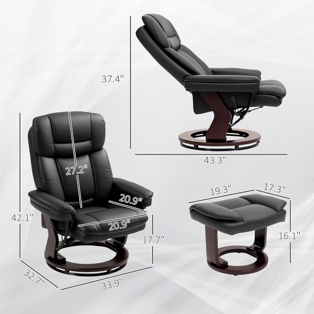 Modern Reclining Swivel Lounge Chair and Ottoman — Black PU Leather