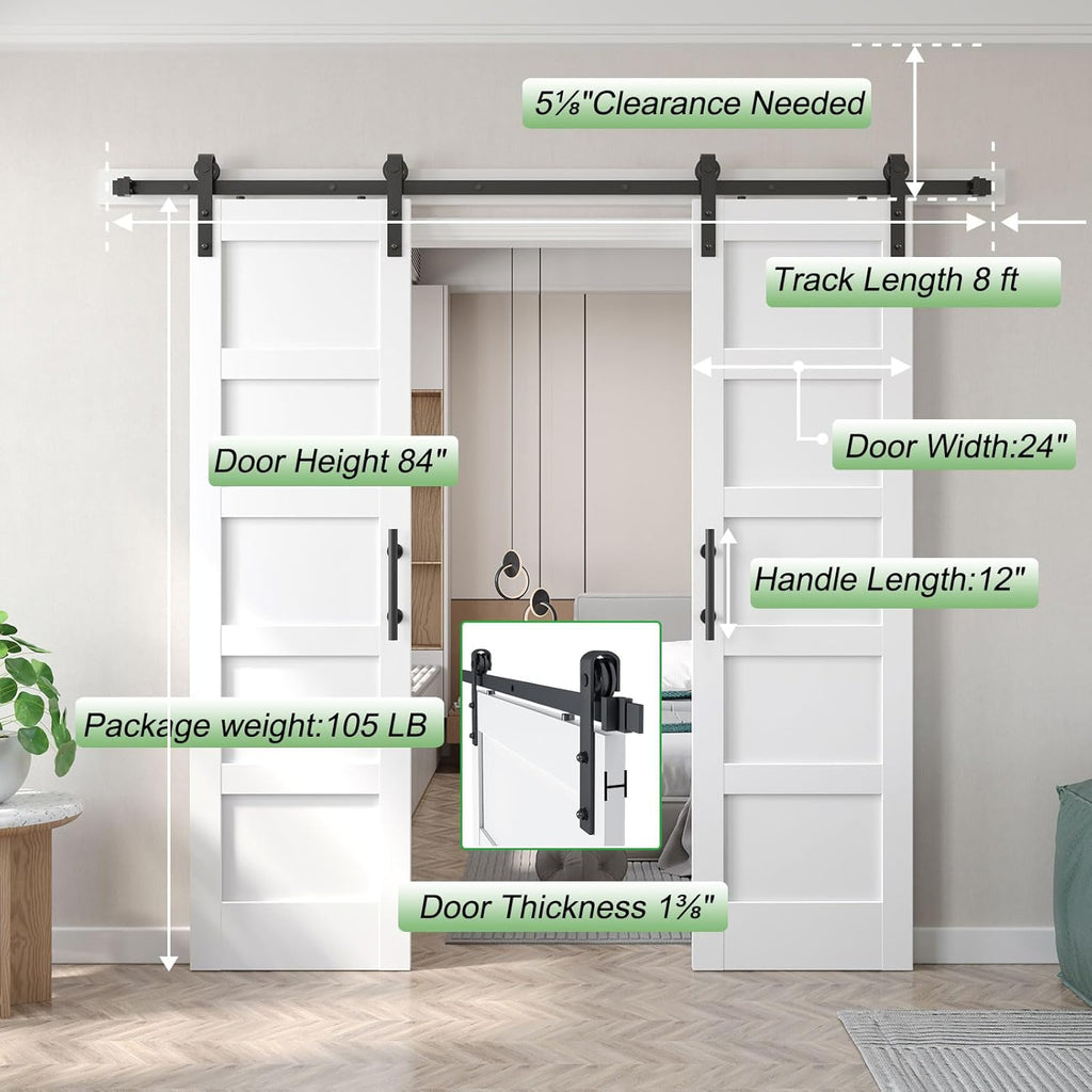 Double 24x84 inch White Barn Door with 8FT Barn Door Hardware Kit Included,with MDF and Wood,DIY Ass