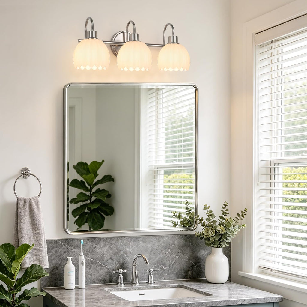 Bathroom Light Fixtures, 3-Light Brushed Nickel Bathroom Vanity Light Over Mirror with White Tulip Glass Shades
