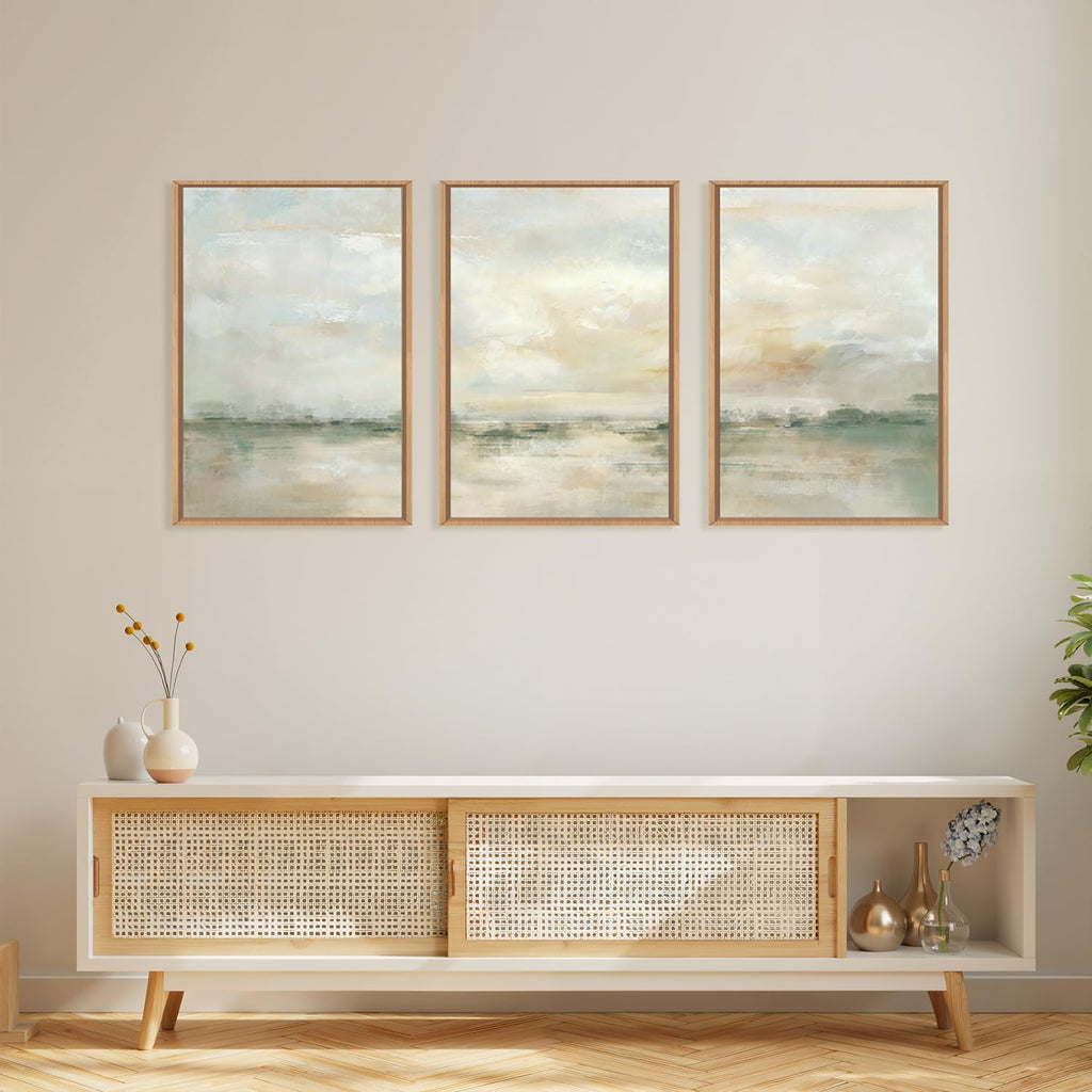 Large Abstract Green Gray Pastel Framed Canvas Wall Art,Neutral Landscape Wall Decor,Modern Watercolor Lake