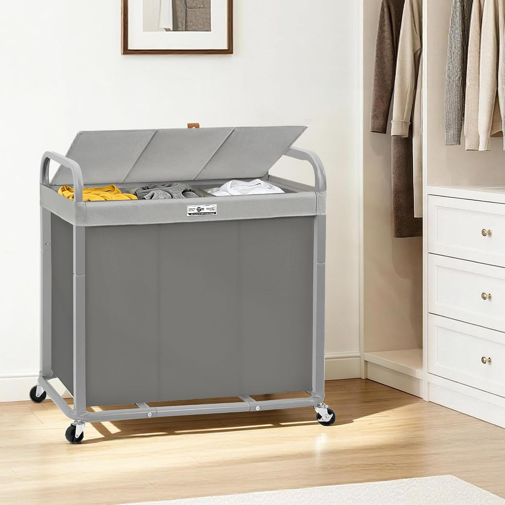 3 Section Laundry Sorter, 60 Gal. Laundry Hamper Cart with Heavy Duty Rolling Lockable Wheels and Removable Bags