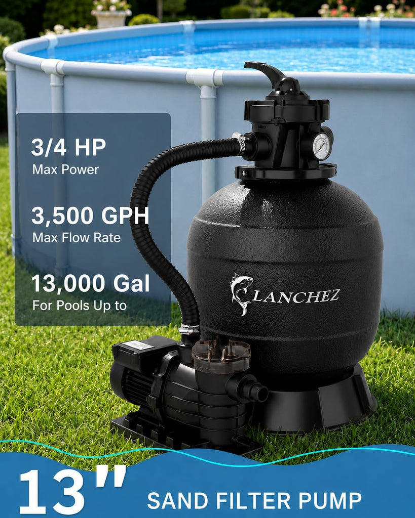 Sand Filter Pump 13" 3/4HP for Above Ground Pool, 3500GPH Pool Pumps Above Ground, Pool Sand Filter with 7-Way Valve