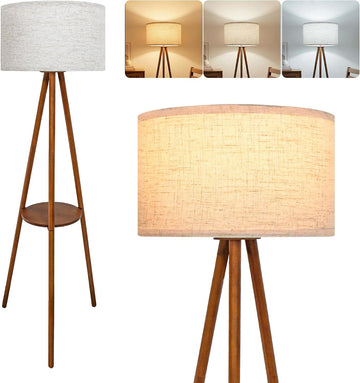 Modern Floor Lamp with White Drum Shade, Wood and Metal Construction, Adjustable Height