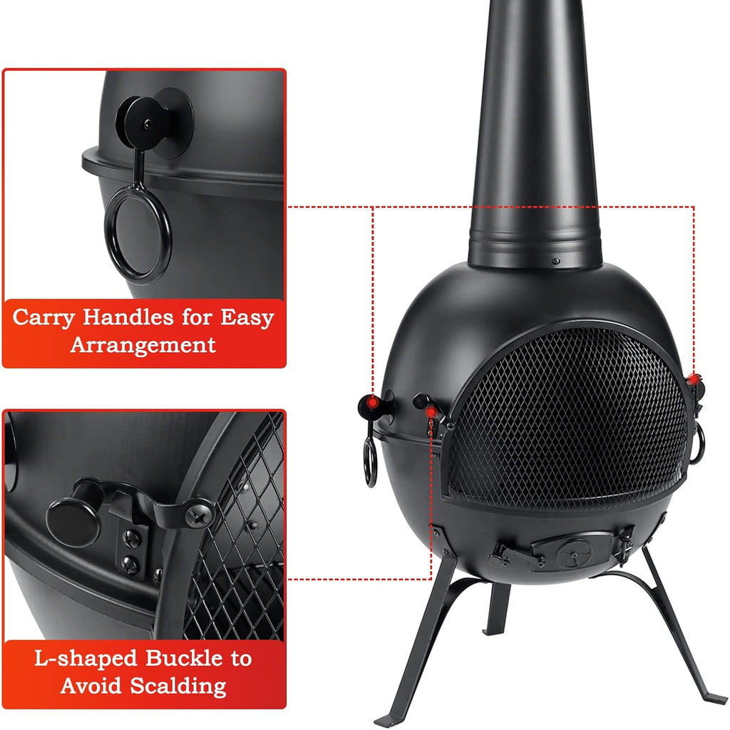 Prairie Fire Outdoor Chiminea Fireplace Deck or Patio Backyard Wooden Fire Pit with Chiminea Cover Rust-Free Iron Black
