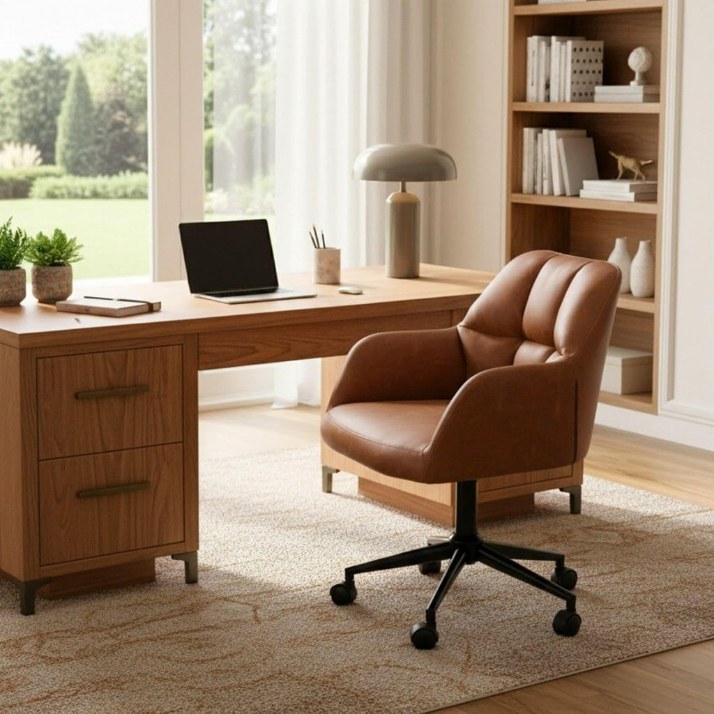 Brown Home Office Desk Chair with Wheels Faux Leather Swivel Desk Chair Upholstered Adjustable Task Armchair for Teens Bedroom Livingroom with Comfy Square Tufted Mid-Back