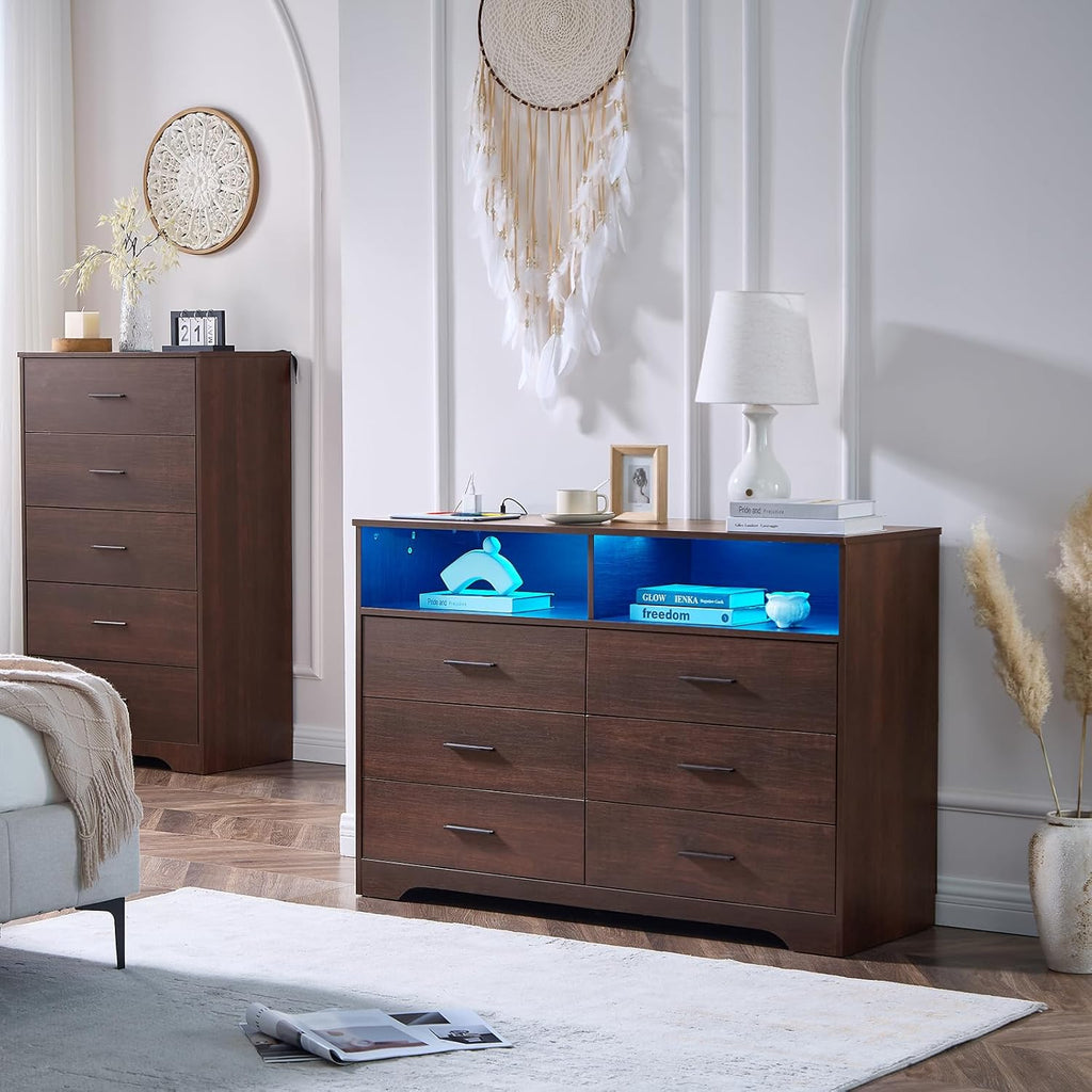 Cherry Wood Dresser , TV Stand with Charging Station & LED Light | 6 Drawer Dresser, Spacious Drawer Storage