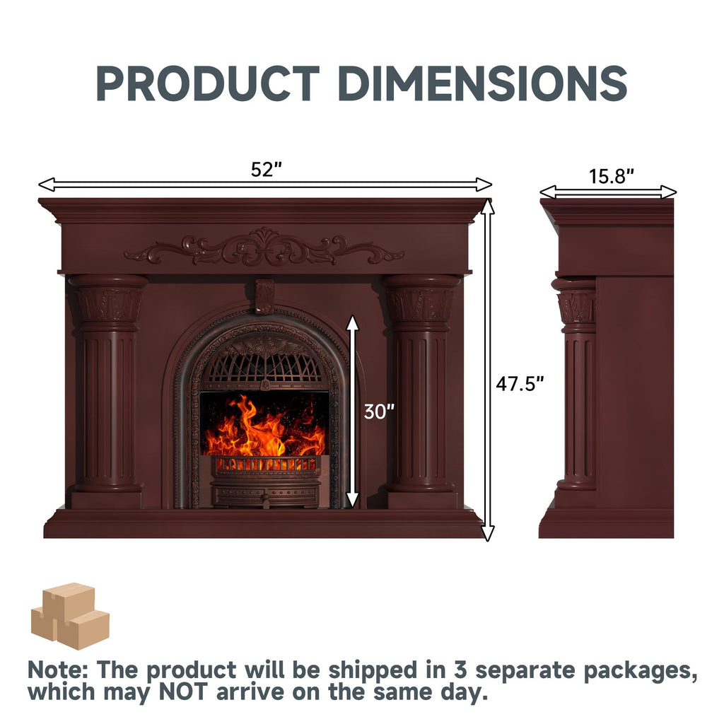 52" Electric Fireplace with Mantel Solid Wood Fireplace TV Stand, Cherry