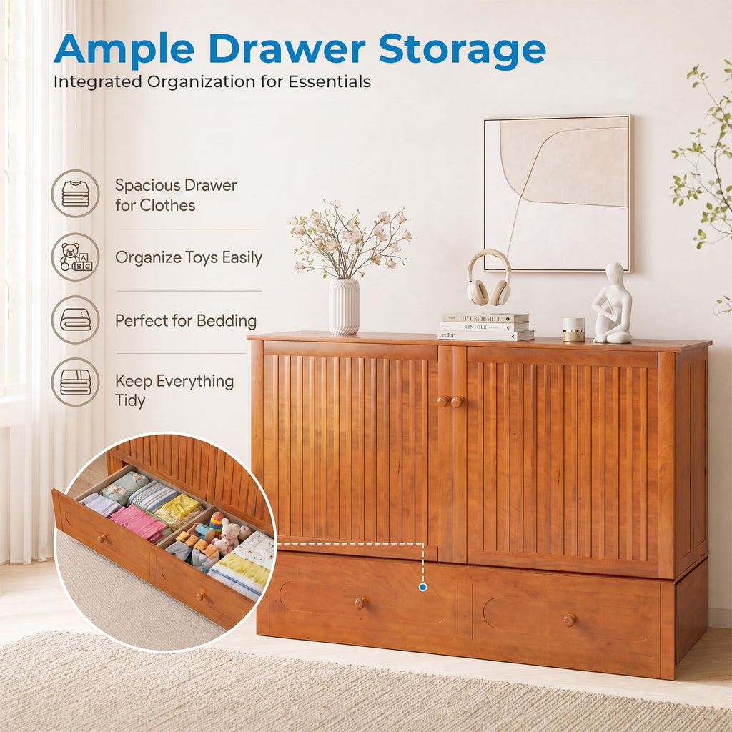 Queen Murphy Bed Cabinet with Tri-Fold Mattress Included, Storage & Charging Station & Headboard Side Panel, 63"W