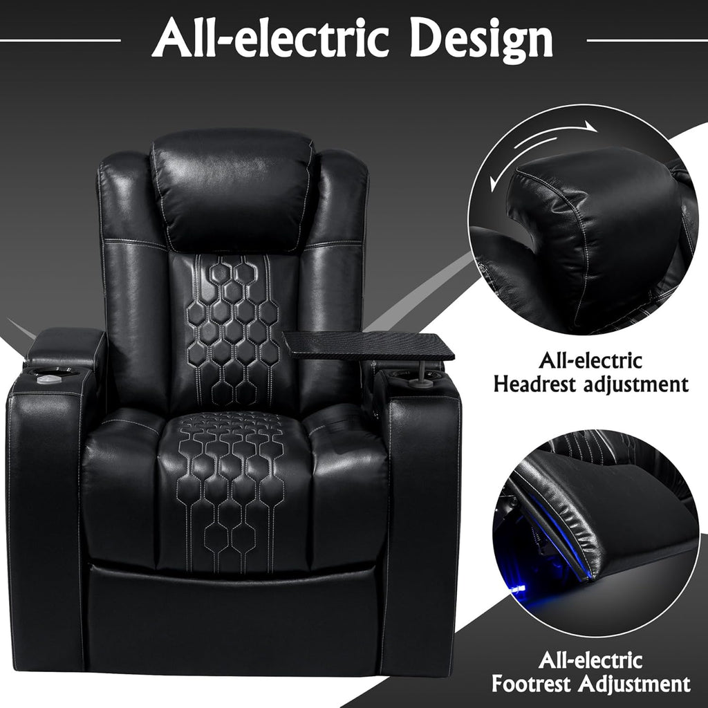 Home Theater Seating,Top-Grain Leather Recliner Sofa, Zero Gravity Power Reclining Couch with Ambient LED Lights