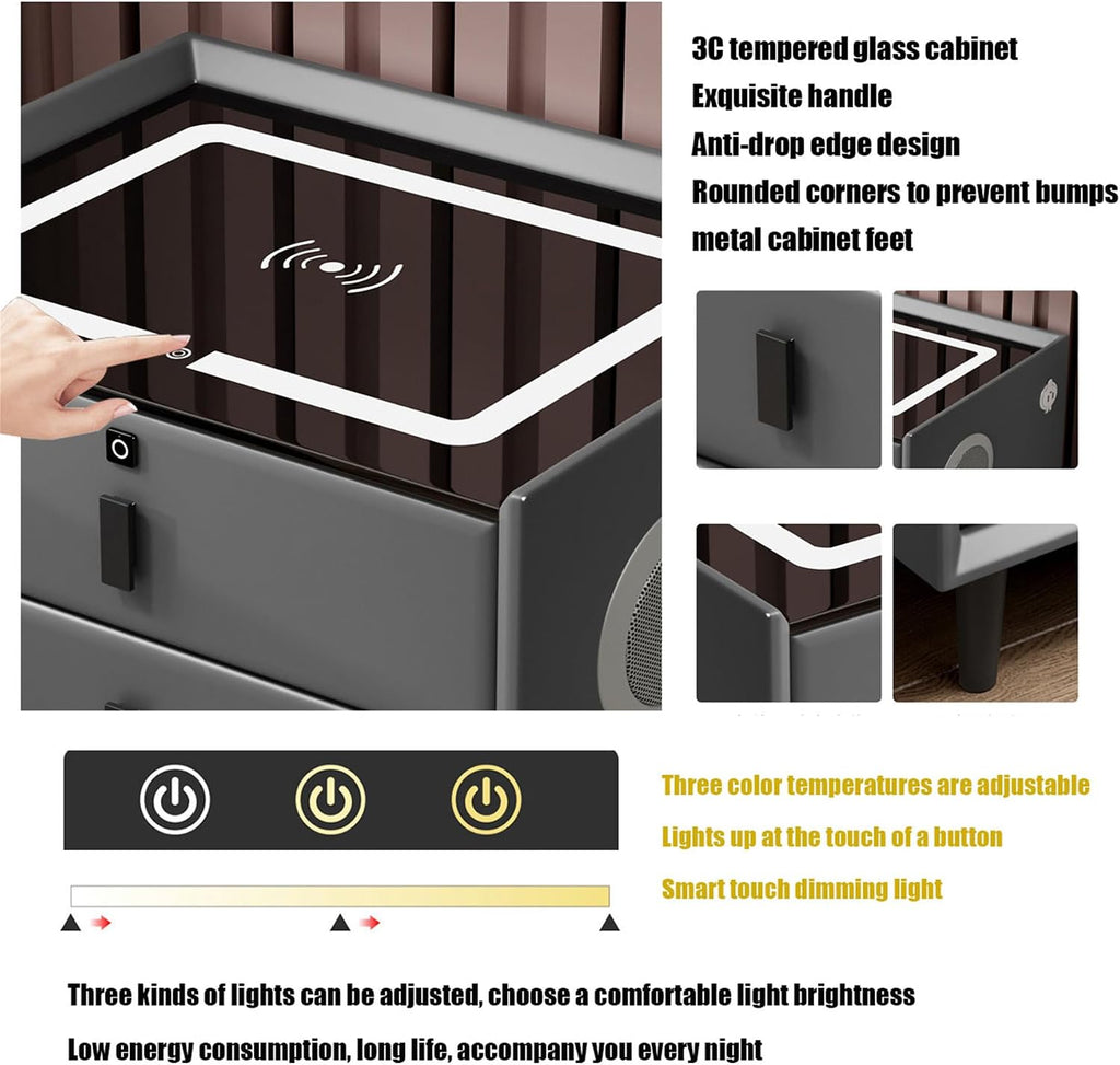 Black,Three drawers, Table Bedroom Smart Bedside Table with LED Light,Smart Nightstand with Fingerprint Lock and
