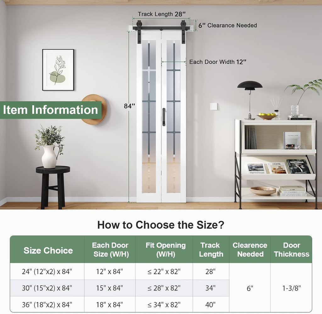 Bifold Barn Door 24x84 Inch (Double 12x84), Preassembled White Frosted Glass Cross Transparent Bifol