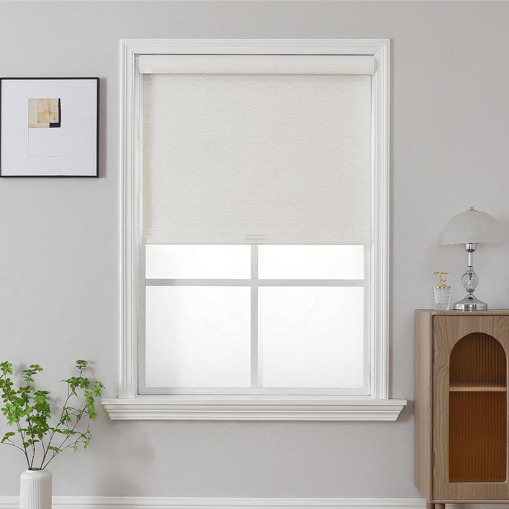 Natural Woven Roller Shades for Indoor Windows, Cordless Blackout Blinds with Curved Valance, Thermal Insulated UV