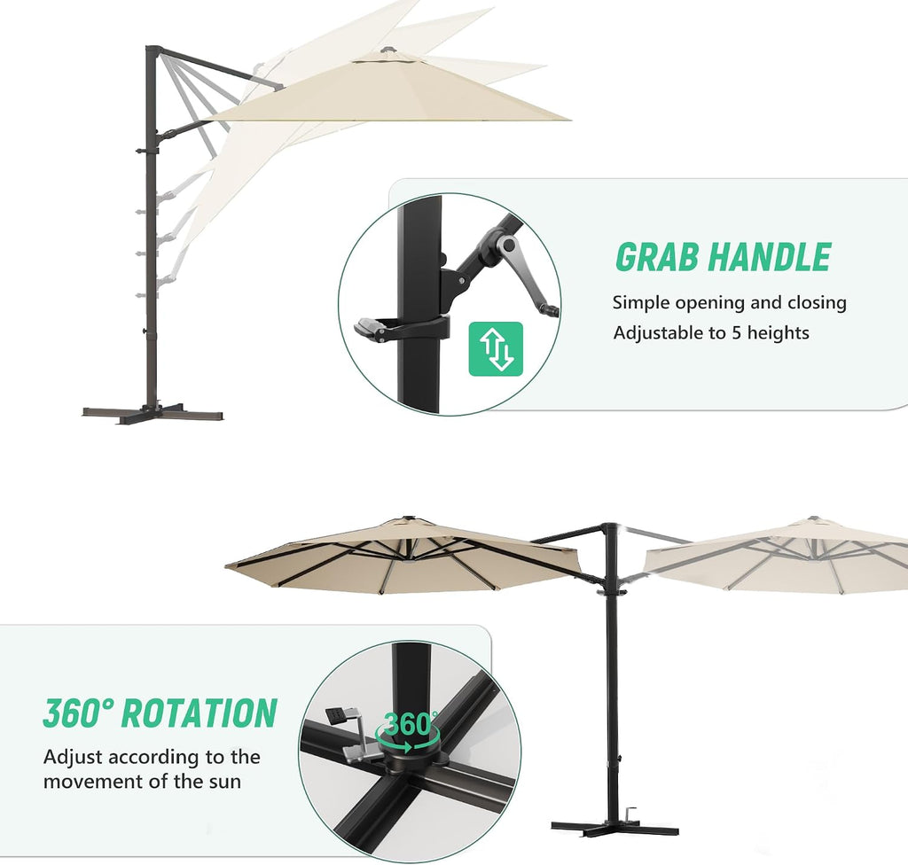 10FT Outdoor Patio Umbrella with High Pedel and 4 Gear Heights, Large Offset Market Umbrella with 360-degree Rotation