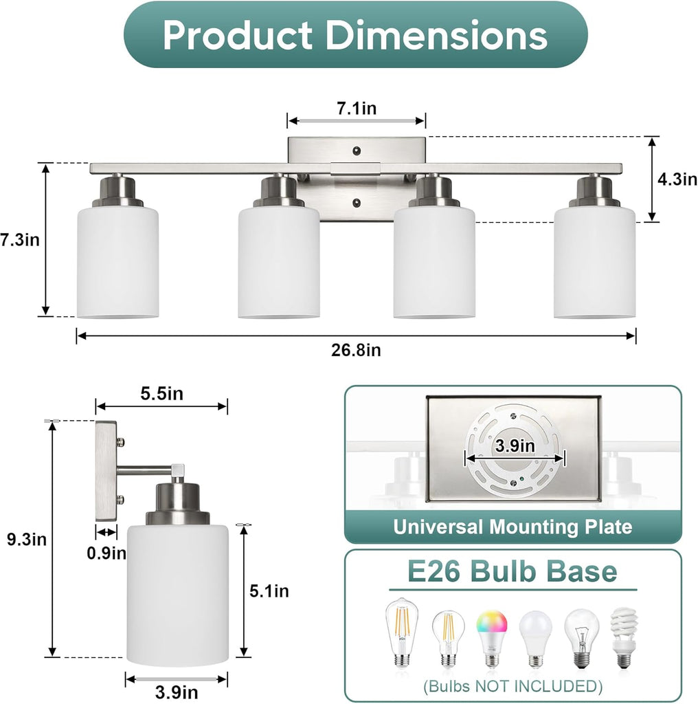 Bathroom Light Fixtures, 4-Light Vanity Light Over Mirror, Brushed Nickel Wall Sconces with Milky White Frosted Glass