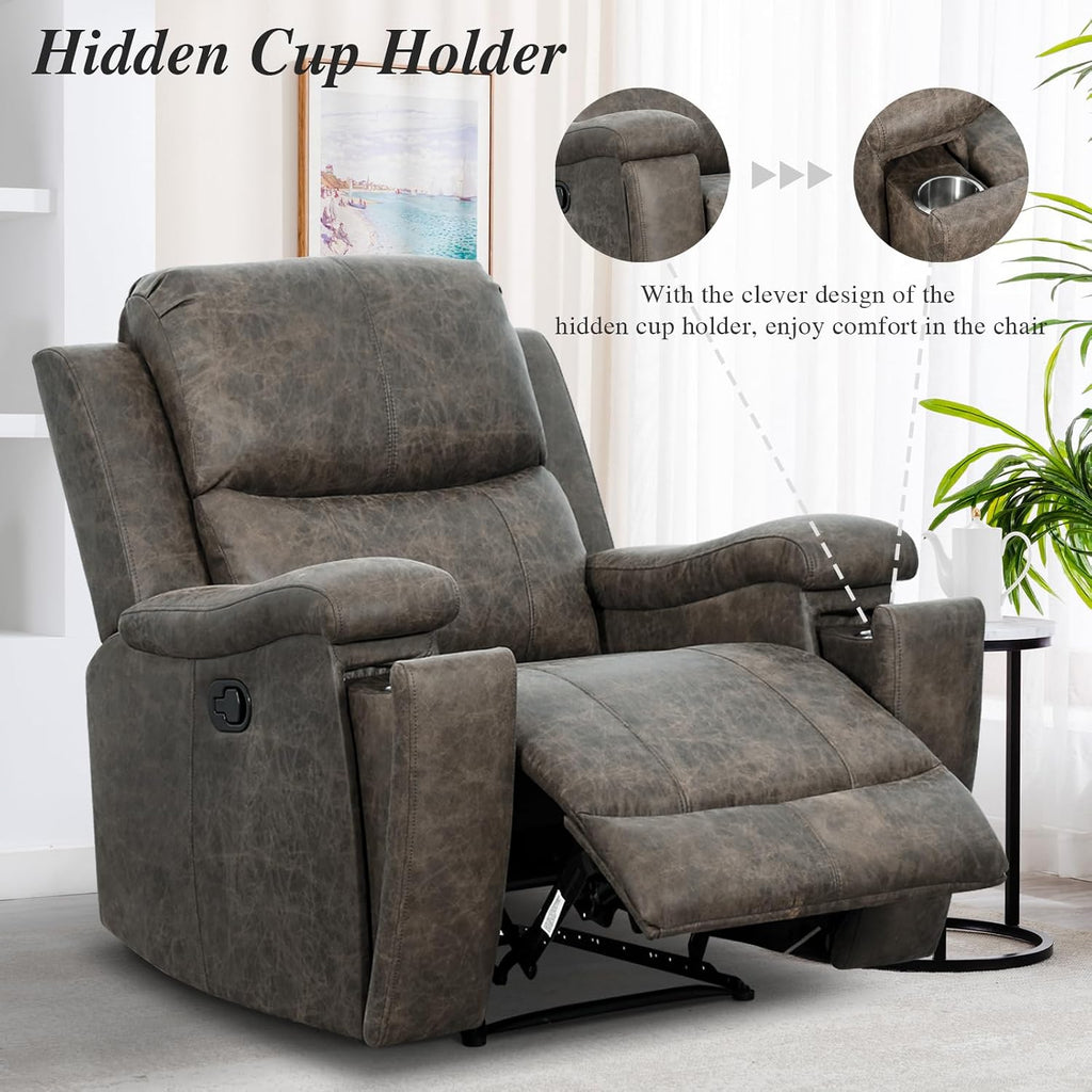 Grey Recliner Chair, Single Overstuffed Sofa Recliners, Breathable Faux Leather Manual Reclining Chairs with Hidden