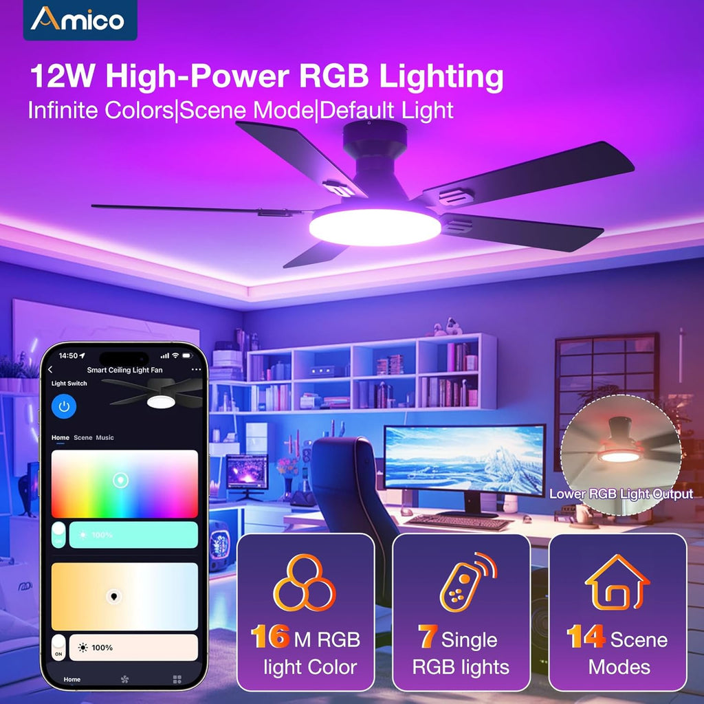 Ceiling Fans with Lights, 52'' Smart RGB Ceiling Fan with Remote/APP/Alexa Control, Flush Mount, Reversible DC Motor