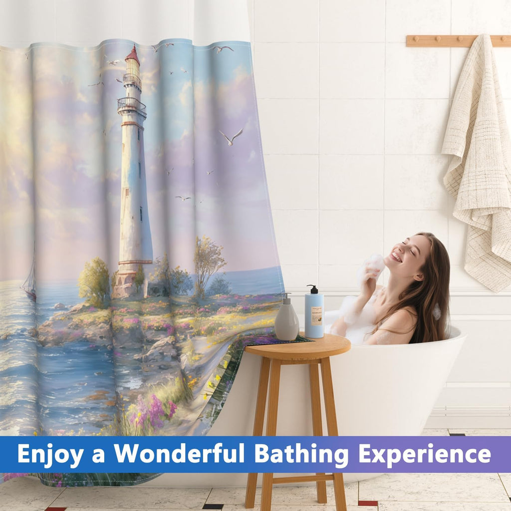 Beach No Hook Shower Curtain and Liner Set, Seaside Lighthouse Pattern Shower Curtain No Hooks with Snap in Liner