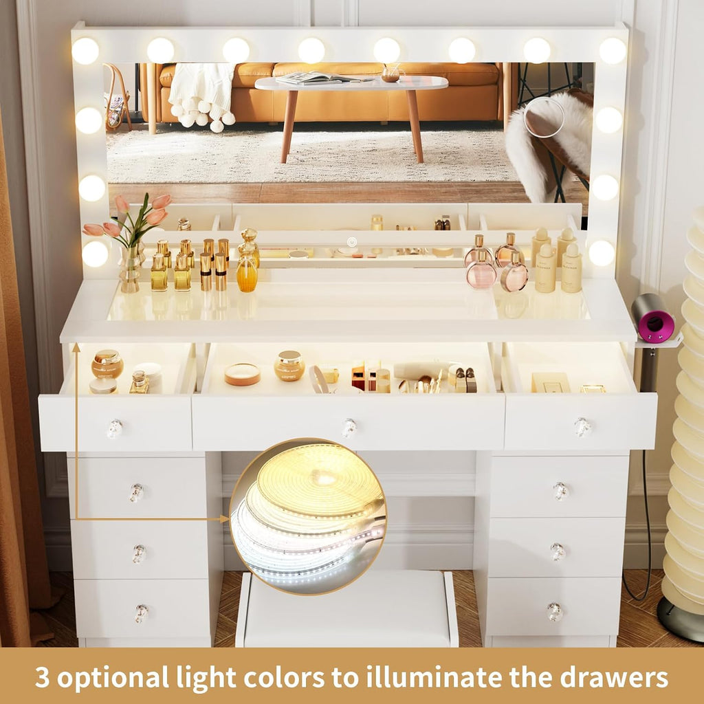 Vanity with Lighted Mirror - 46" Makeup Vanity Desk with Glass Top | Makeup Table with 11 Drawers, 3 Color Lighting