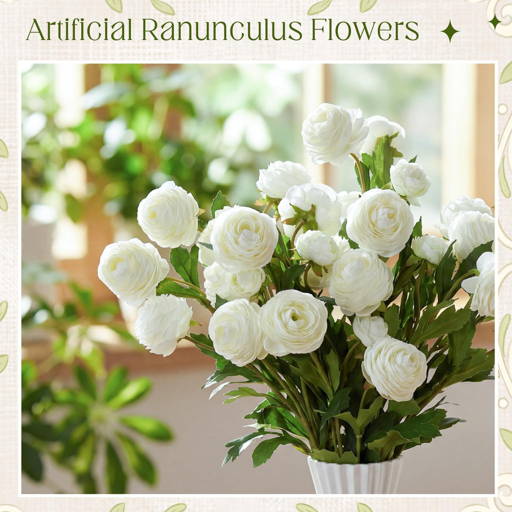 12 Pcs White Artificial Ranunculus Flowers with Stem, 18 Heads