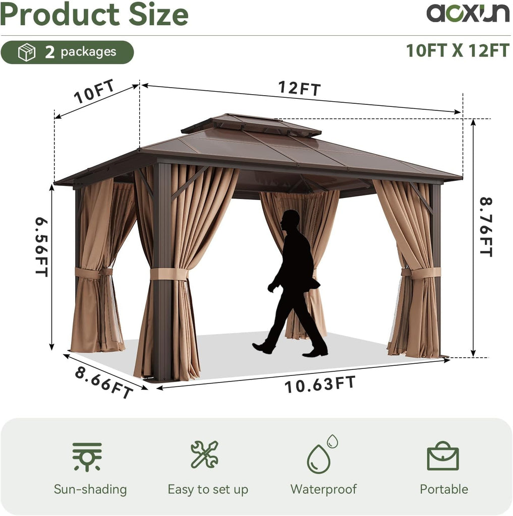 12'x10' Hardtop Gazebo, Aluminum Frame Permanent Pavilion with Curtains and Netting